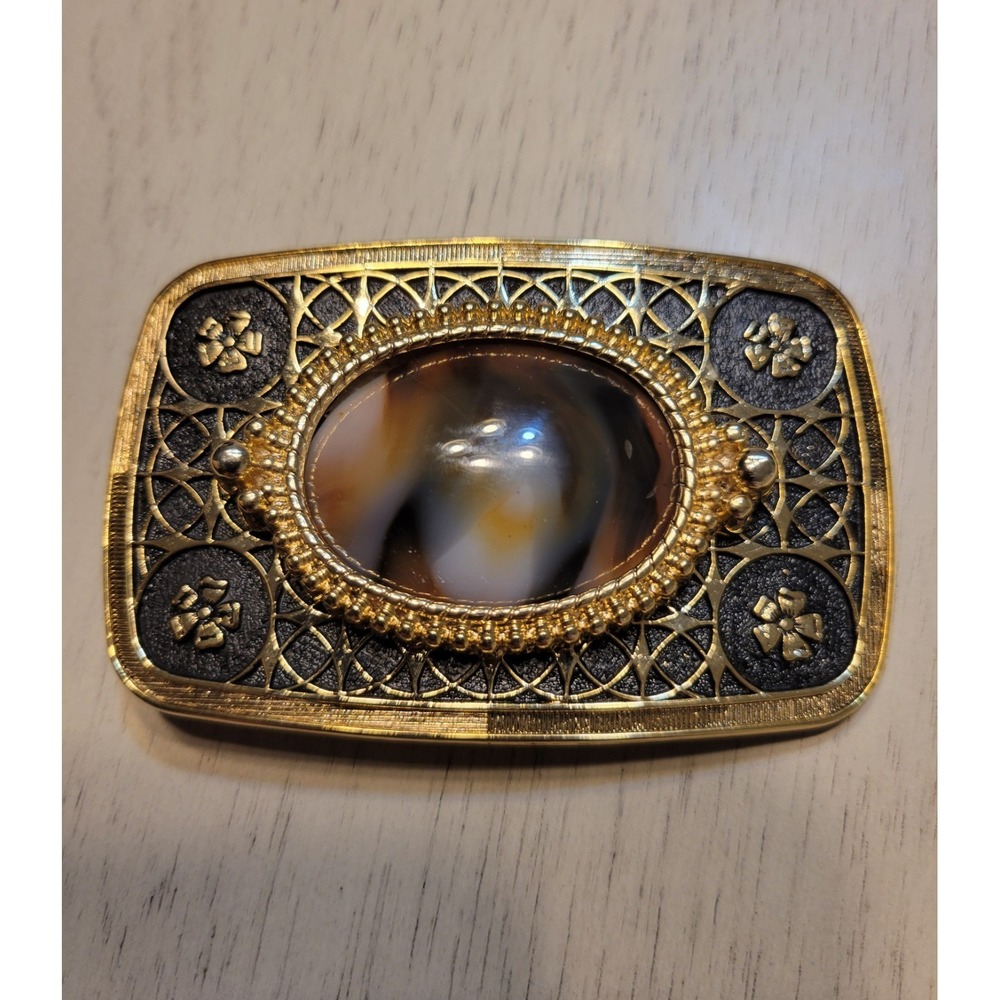 Vintage Gold Tone Filigree Belt Buckle with Agate Stone‎ Western Cowgirlcore